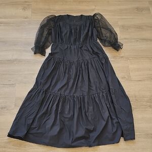 Le Petit Trou Cotton Black Tiered Puff Sleeve Maxi Dress Size Medium